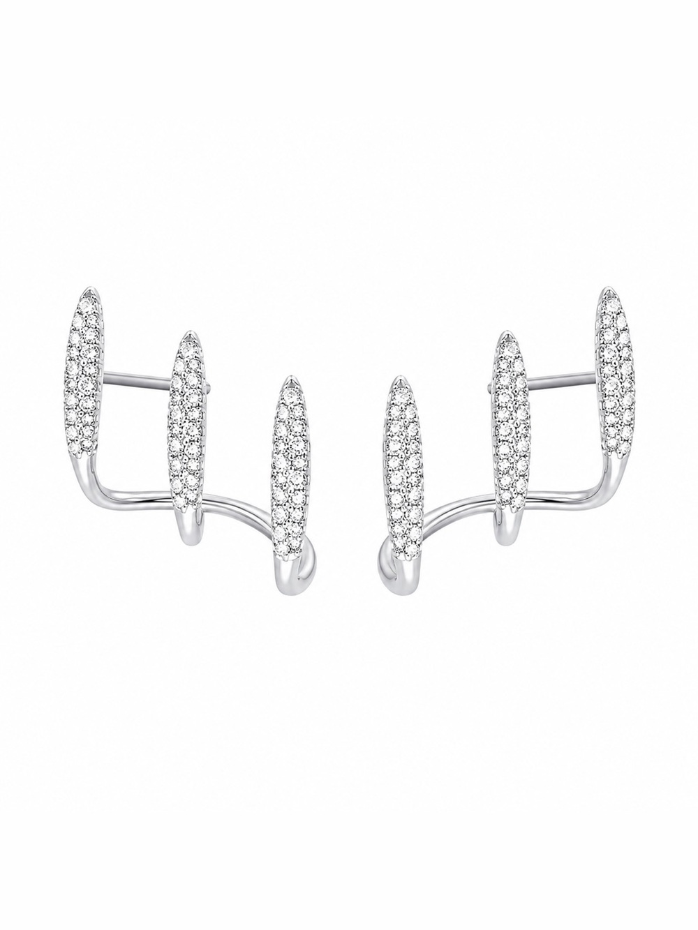 Silver Pave Crystal Triple Bar Ear Climber Stud Earrings 925 Sterling Silver